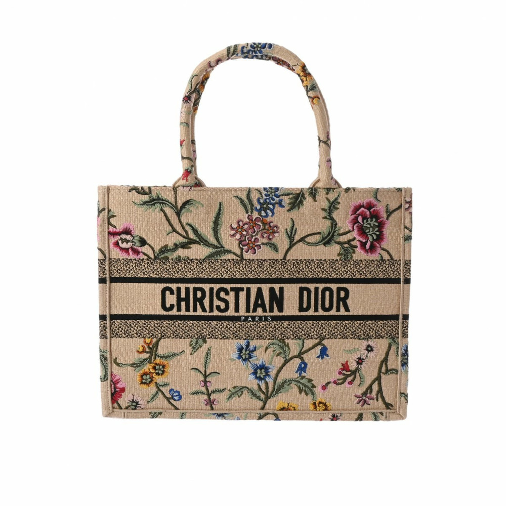 CHRISTIAN DIOR Book Tote Flower Bouquet Embroidery Beige Raffia Handbag
